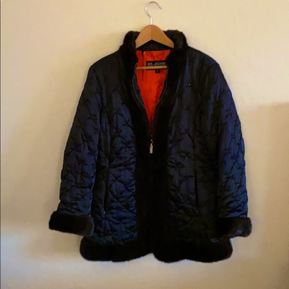 St. John Black Mink Trim Studded Coat